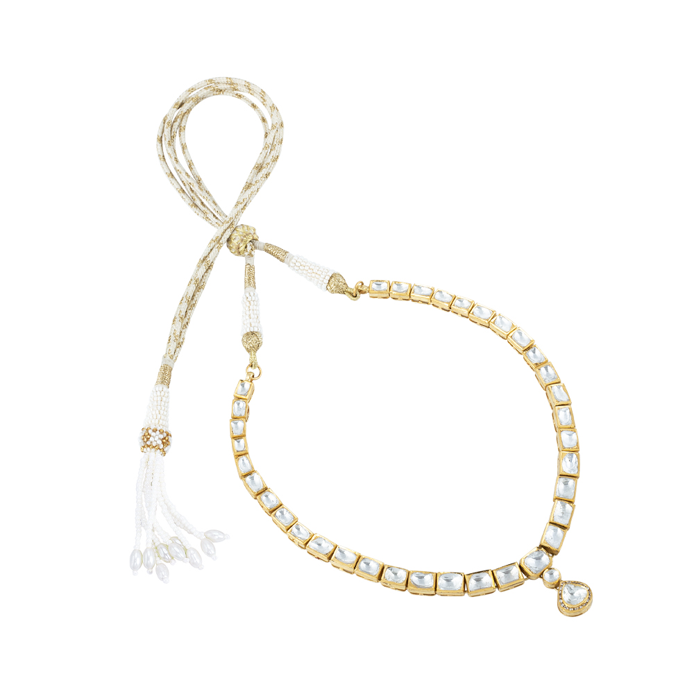 Square Polki Linear Necklace with Drop Pendant